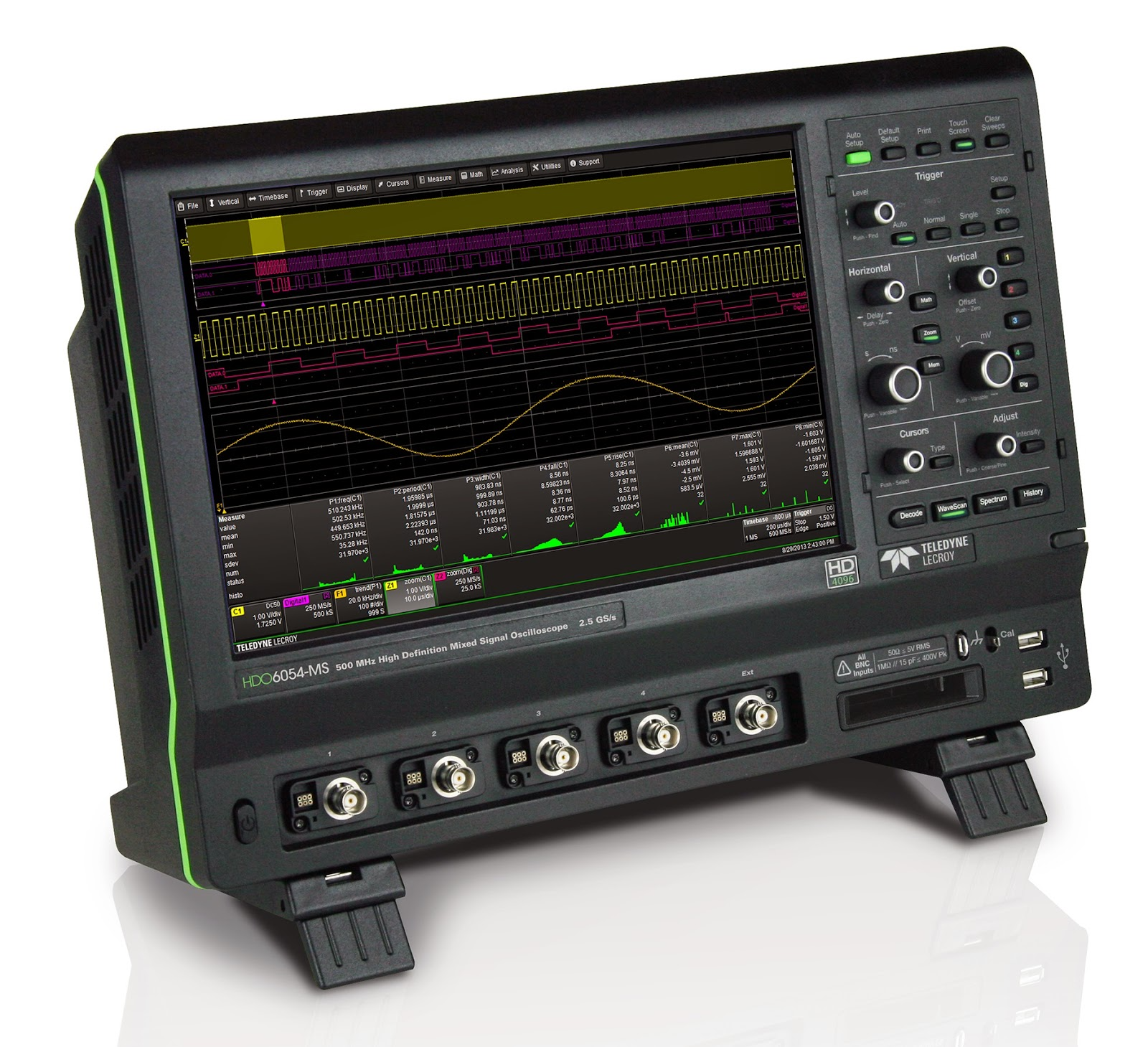Engineer reviewing oscilloscope bandwidth and sampling charts