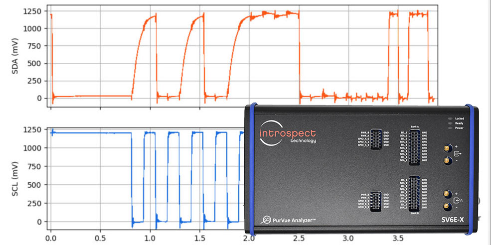 Engineer analyzing I3C bus signals with an embedded oscilloscope view