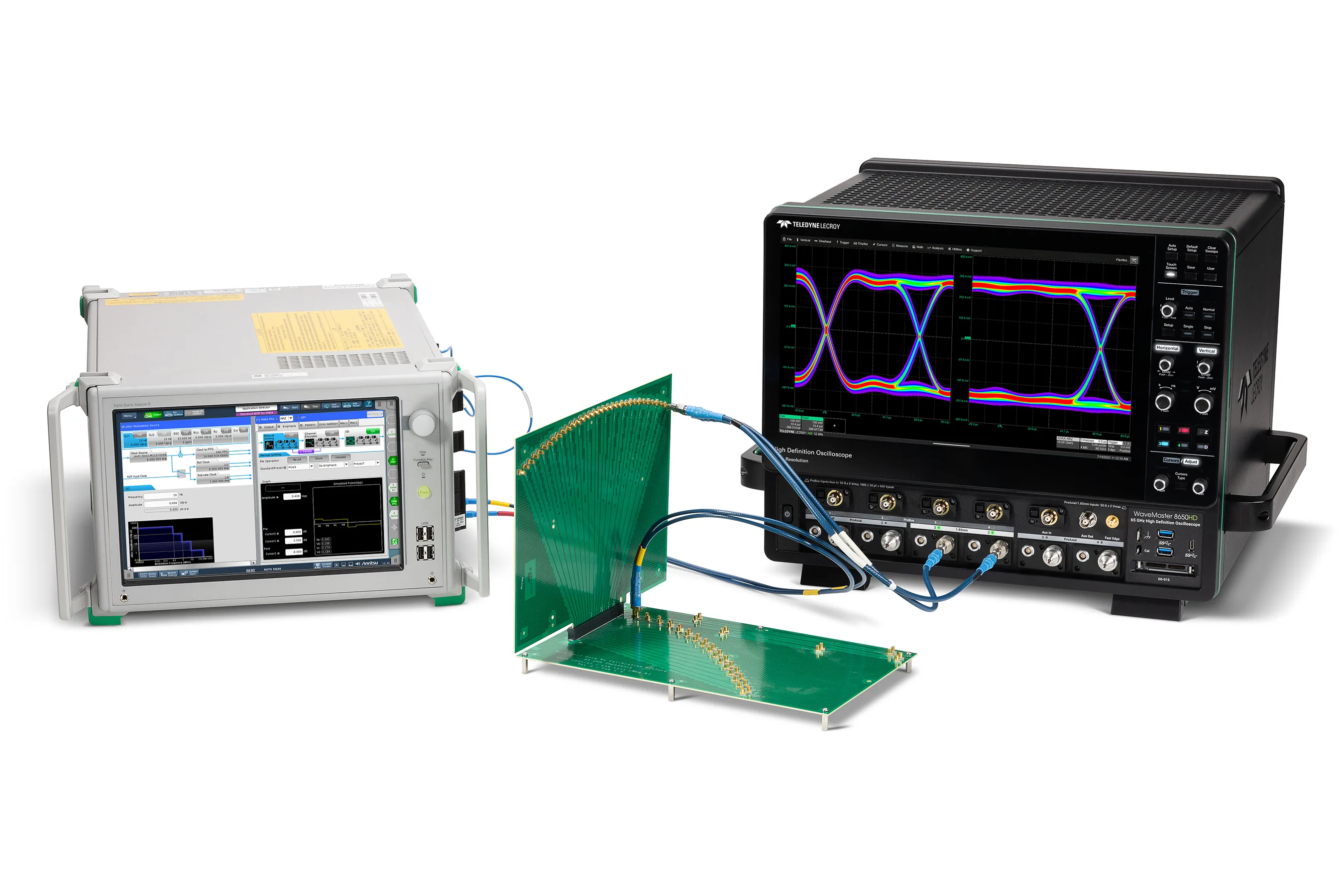 PCIe Gen5 validation setup with a Teledyne LeCroy high-bandwidth oscilloscope analysing signal integrity and jitter